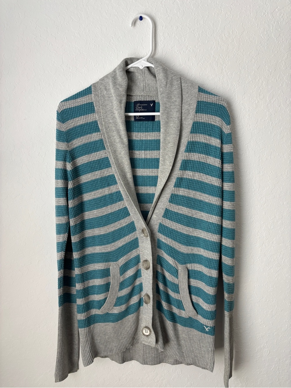 American Eagle Outfitters Y2K Gray and Blue Striped Cardigan with Pockets